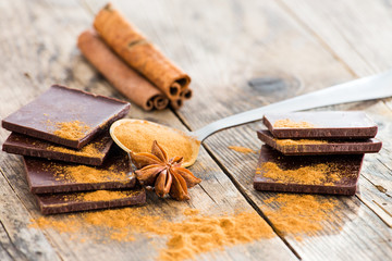 Chocolate wood table surrounded by spices.
