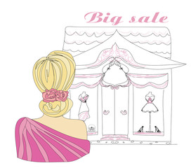 Stylish girl shopping , doodle illustration