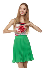 Young beautiful woman holding small red box. Studio portrait iso