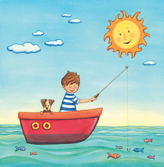 Boy fishing with his dog on a sunny day. Watercolor art..