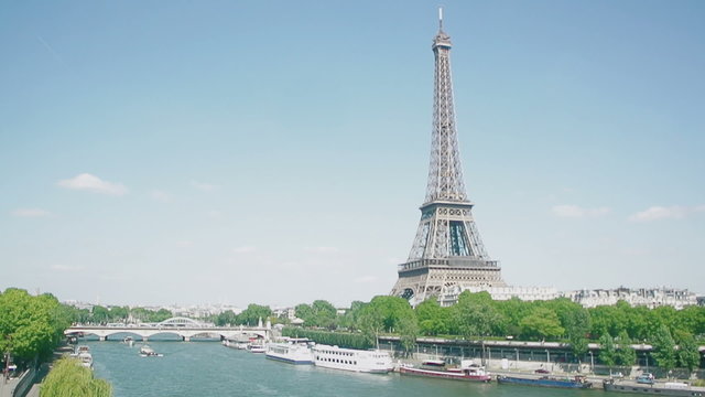 Eiffel Tower, Seine River, streets and homes seen by a drone