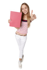 Showing woman holding blank sign placard billboard with copy spa