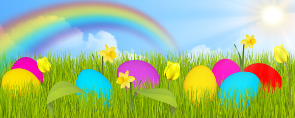 Easter banner, green grass and Easter eggs