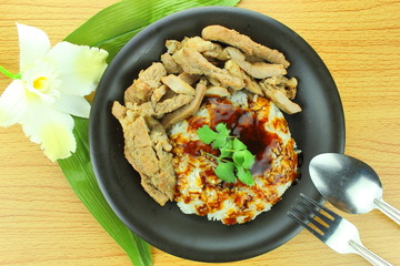 pork steak with rice and teriyaki sauce