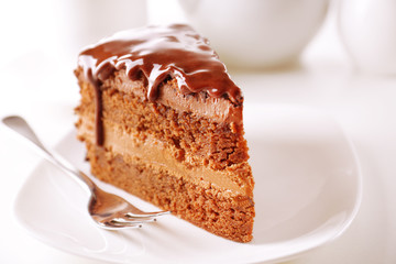 Delicious chocolate cake on plate on table on light background