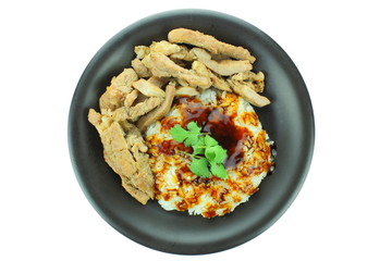 pork steak with rice isolated on white background