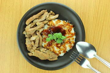 pork steak with rice and teriyaki sauce