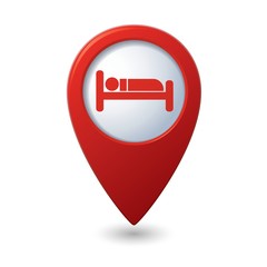 Red map pointer with hotel icon. - 78392568