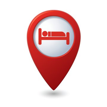 Red map pointer with hotel icon.