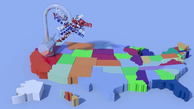 Mappa USA 3D con rubinetto che eroga la frase "Yes We Can"