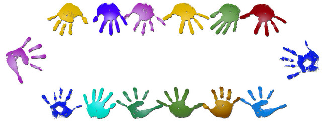 Conceptual children painted hand print frame isolated