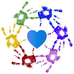 Conceptual children painted hand print and heart isolated