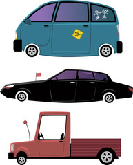 Three cartoon cars