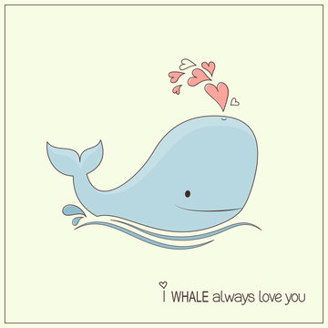 Cute whale in love with hearts fountain blow