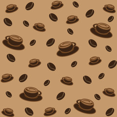 Vector illustration. Background with coffee beans and cups.