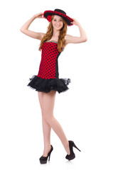 Young redhead girl in polka dot dress and  sombrero isolated on