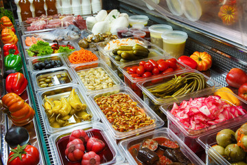 Variety of pickled foods in a store