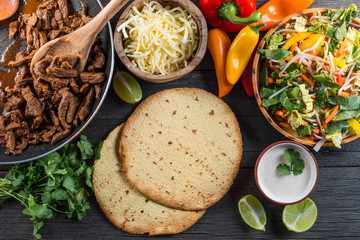 overhead view on authentic mexican street taco with beef and veg