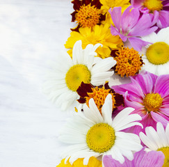 colorful summer flowers on white table,copy space