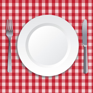 Realistic plate, fork and knife. Vector art.