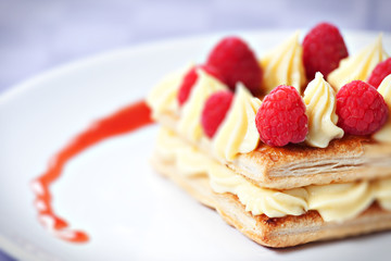 Raspberry Tart with Fresh Cream in Puff Pastry