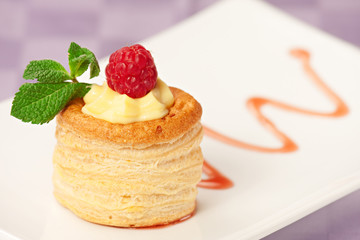 Raspbey Tart with Fresh Cream in Puff Pastry