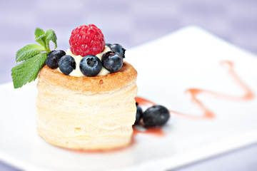 Raspberry Tart with Fresh Cream in Puff Pastry
