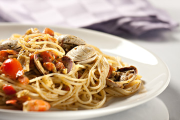 Seafood spaghetti on a plate