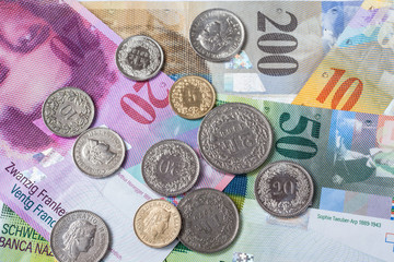 Swiss currency banknotes and coins