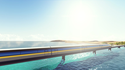Train on the background of the sea. Raster. 3