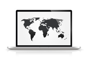Modern glossy laptop isolated on white With World Map