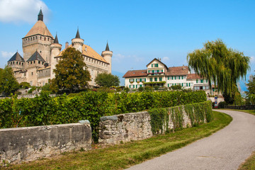 Fototapeta na wymiar village and castle at Geneva countryside