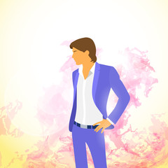 Naklejka na ściany i meble Fashion man over colorful paint splash background, male model