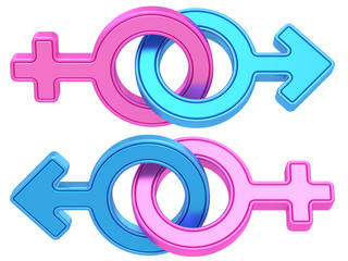 Set of male and female gender symbols chained together on white