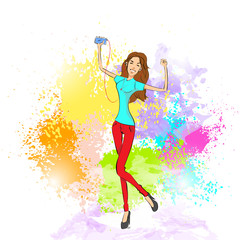 woman listen to music dance hold player casual over colorful