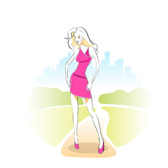fashion woman sketch pink dress outdoor vector