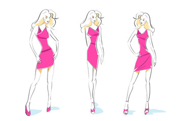 fashion woman sketch pink dress design set vector
