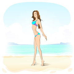 Naklejka premium woman on summer beach, long leg blonde sexy girl bikini