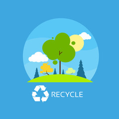green tree recycle flat eco icon blue sky clouds vector