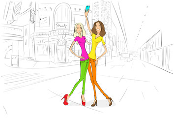 couple girls friends taking self photo picture with cell phone