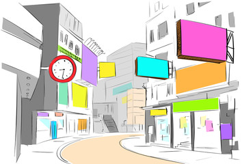 street center city view draw sketch shops colorful buildings - 78413947