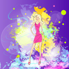 fashion woman in pink dress, over colorful pain ink splash