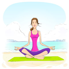 woman sitting in yoga lotus position closed eyes relaxing doing