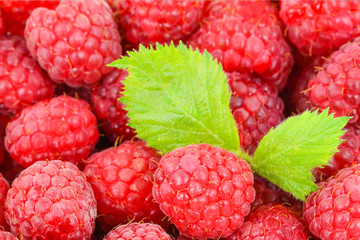 Closeup of Sweet raspberry with leafs