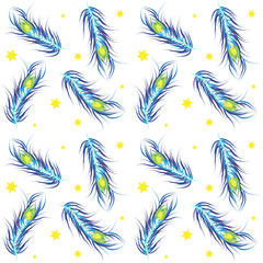 Vector wallpaper seamless blue. Peacock Feather.  Fashionable de