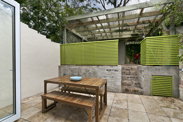 Backyard cozy patio area with wicker furniture set