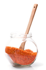 Red lentils in a glass jar