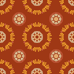 Ornate seamless floral pattern on brown background.