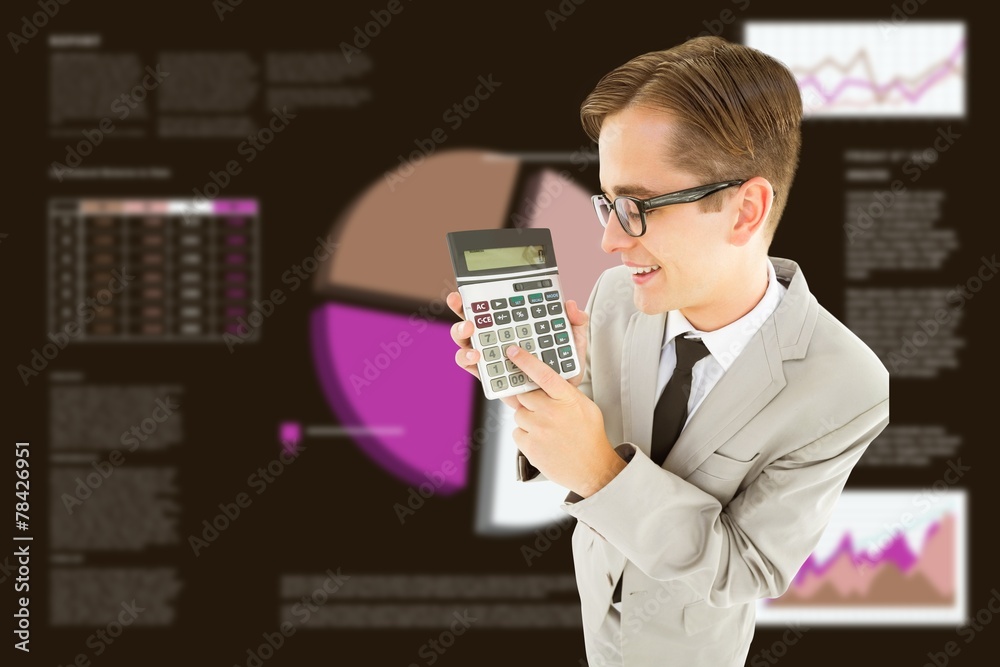 Poster Composite image of geeky smiling businessman showing calculator