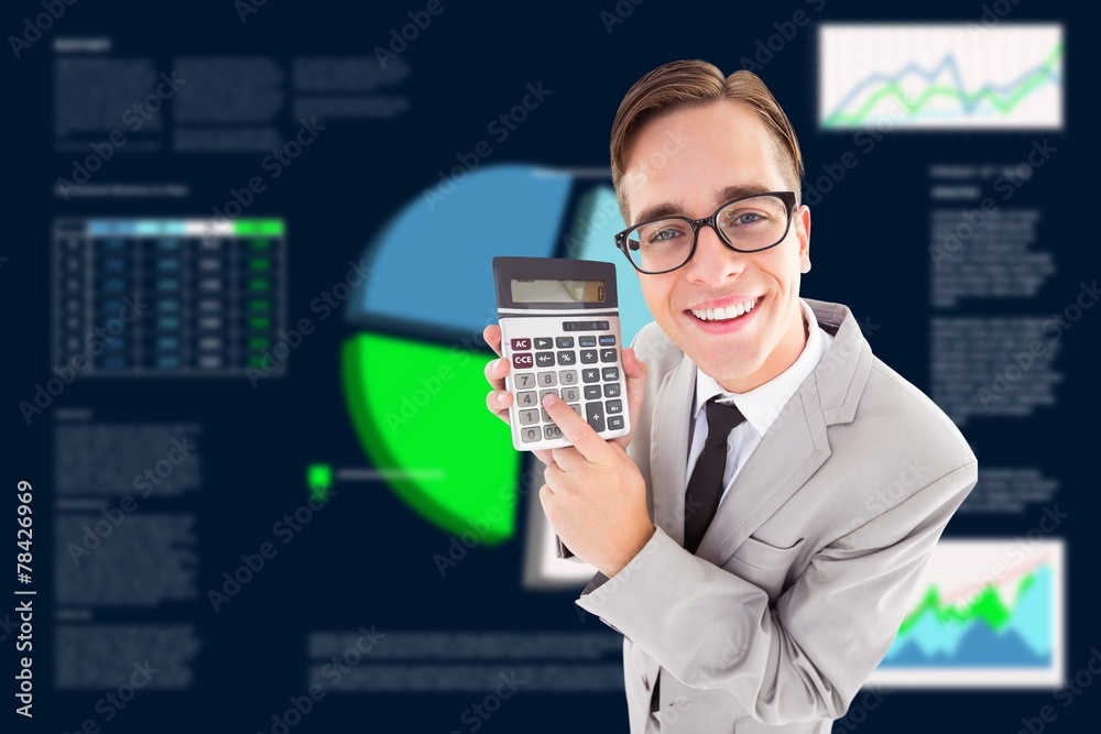 Poster Composite image of geeky smiling businessman showing calculator